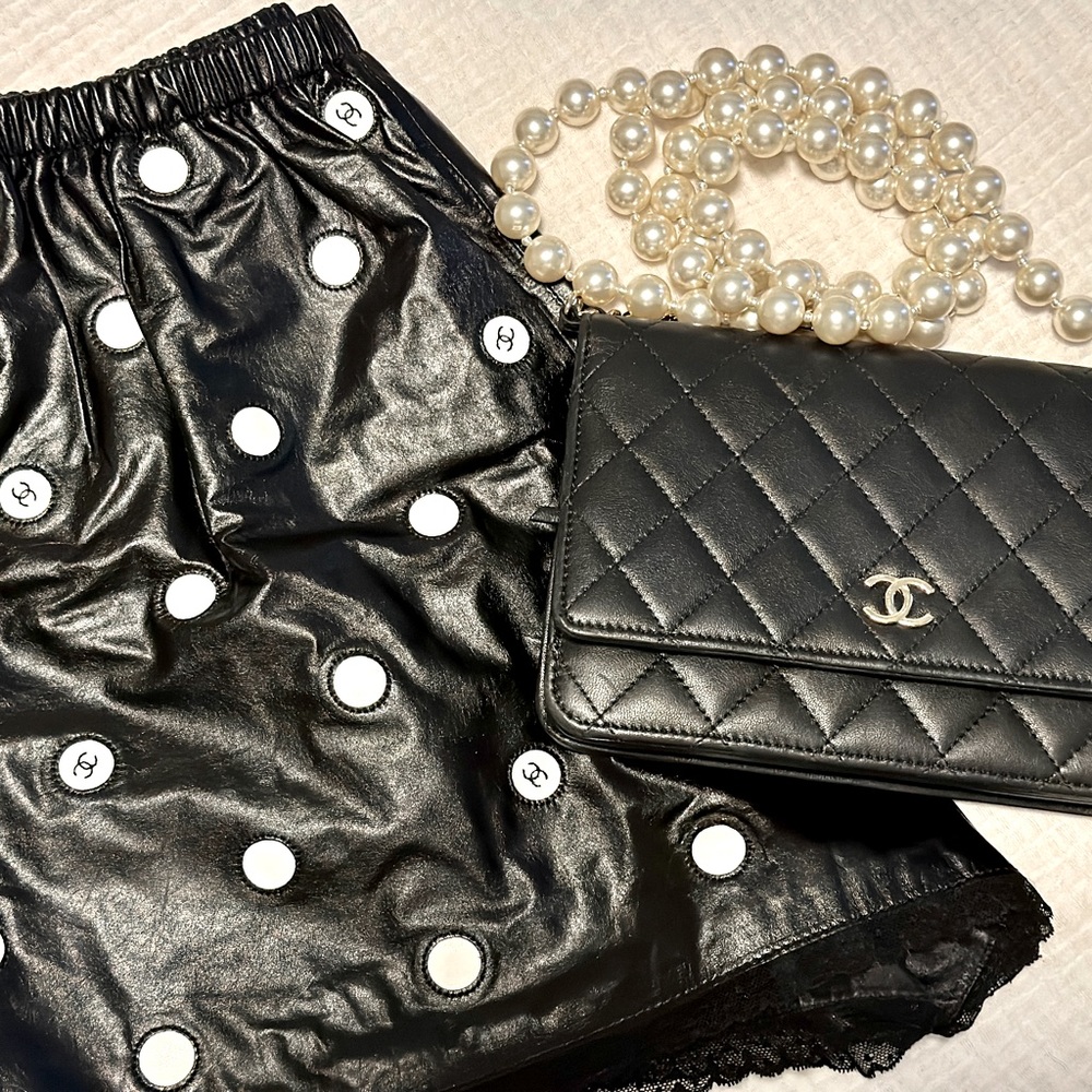 AUTHENTIC Chanel Embroidered Calfskin & Lace Black & White Shorts and Bag Bundle